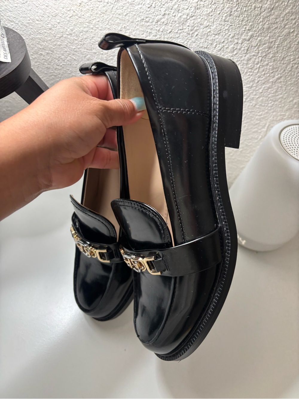 Sam Edelman Black Patent Loafers with Gold Chain Accent - Picture 3 of 8